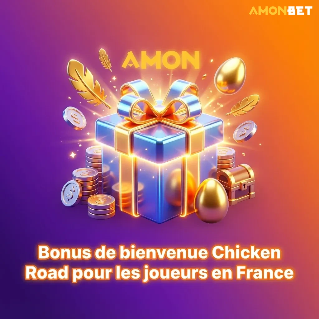 Bannière Amonbet montrant bonus de bienvenue jusqu’à 3 000 € + 300 tours gratuits pour jouer à la machine à sous Chicken Road