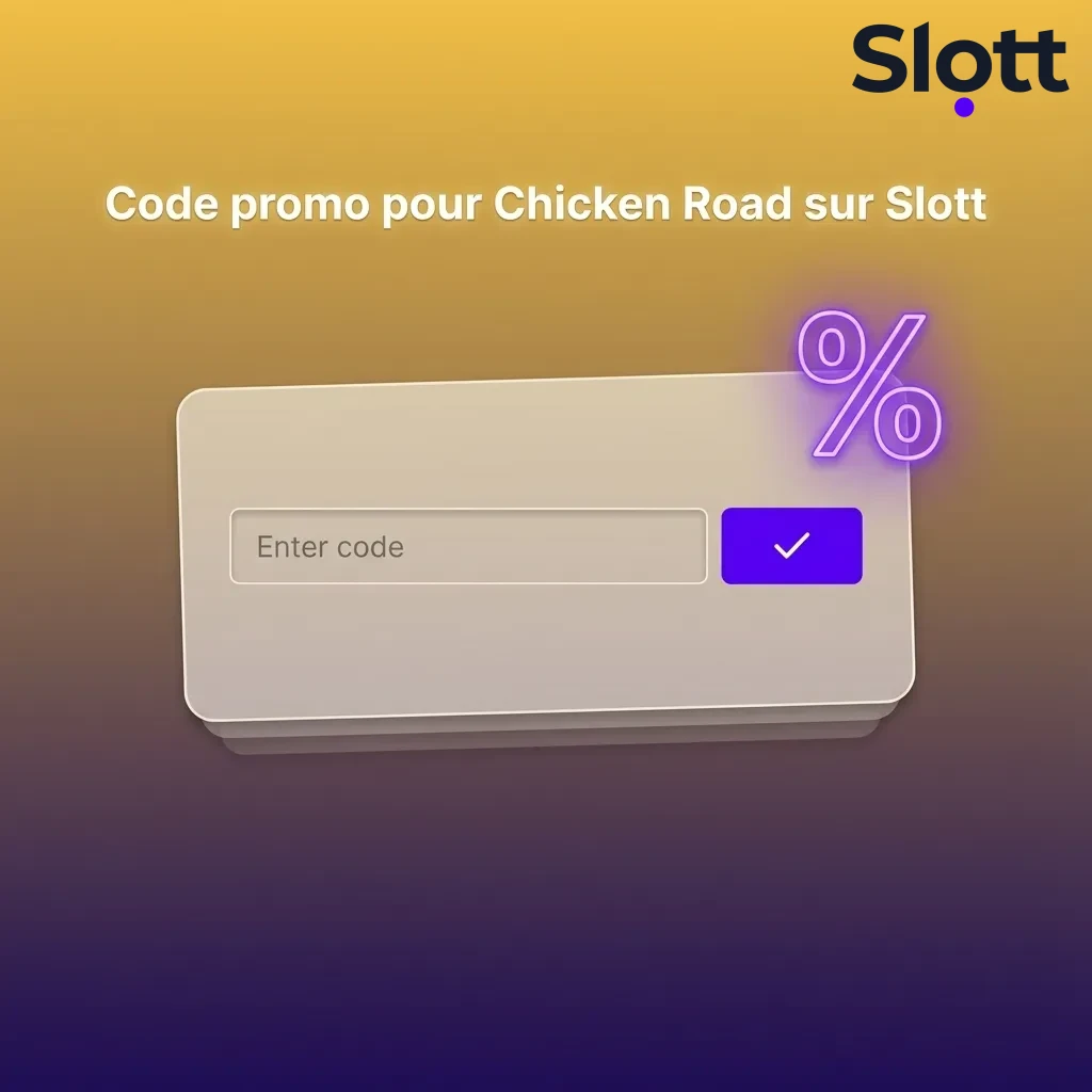 Bannière promo Chicken Road sur Slott avec le code POULE20 et texte expliquant où saisir le code pour un bonus