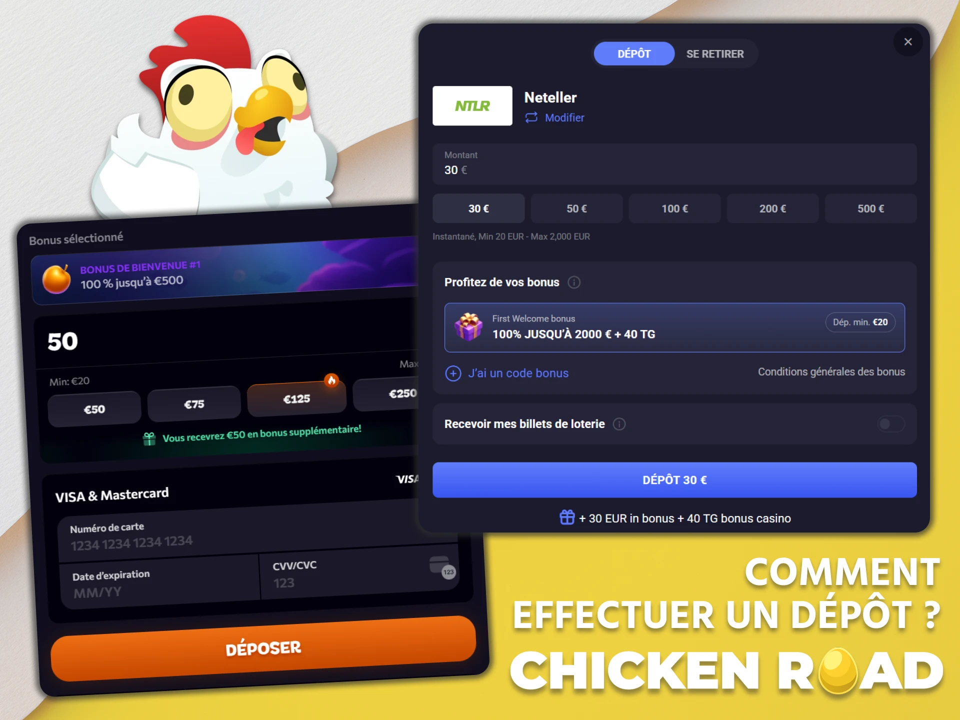 Effectuez un dépôt sur votre compte pour utiliser de l'argent dans le jeu Chicken Road.