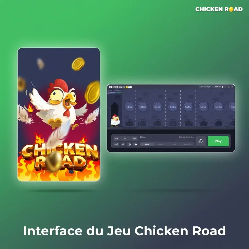 Interface épurée du jeu Chicken Road avec boutons de mise, cashout et multiplicateur en temps réel